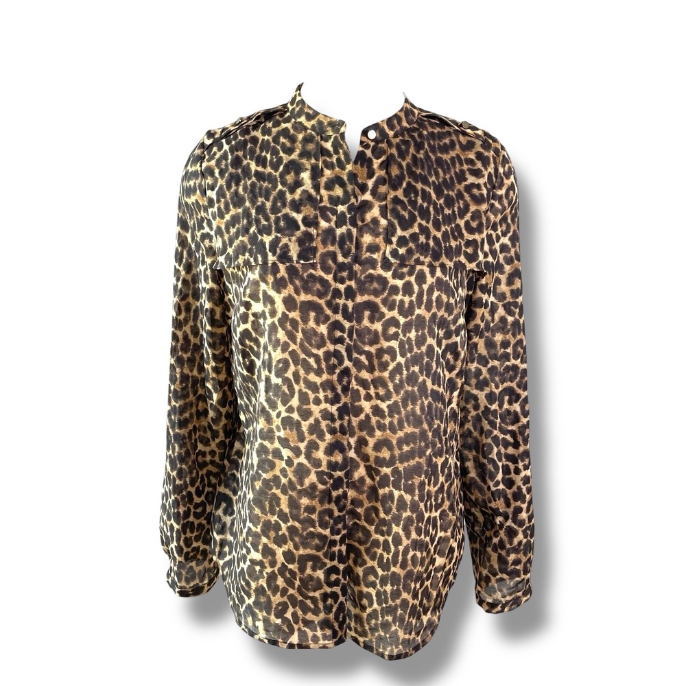 Ann Taylor‎ Petite Leopard Print Button Front Long Sleeve Blouse Shirt Top 8P